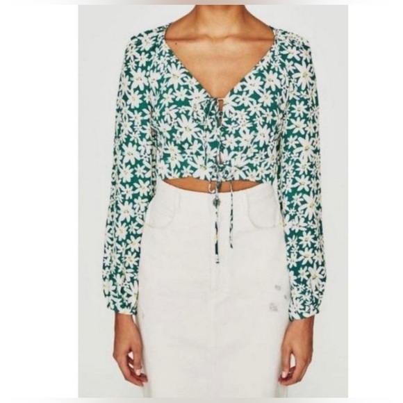 Zara Daisy Print Long Sleeve Crop Top Floral Teal Yellow Size M Button Front - Picture 1 of 11